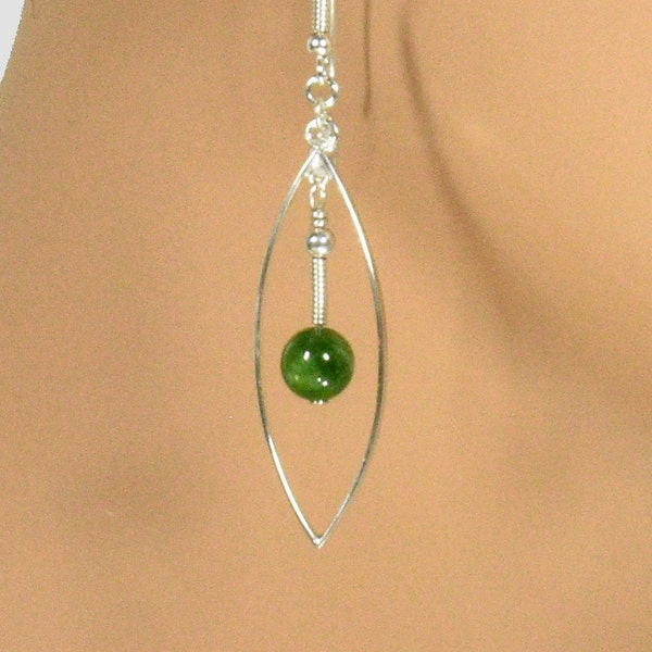 Long Elegant Green Earrings,  Rare Gemstone Statement Earrings Handmade with Sterling Silver, Natural Chrome Diopside Earrings