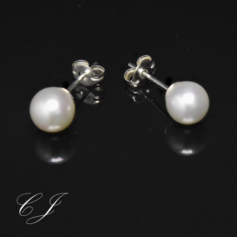 Pearl Earrings, White Pearl Stud Earrings, 6mm Shell Pearl Earrings, South Sea Replica Pearls image 2