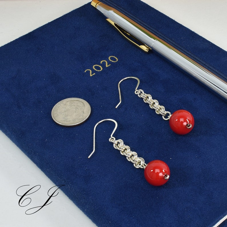 Silver Chainmaille Earrings Red Murano Glass Murano Glass Jewelry Murano Glass Earrings