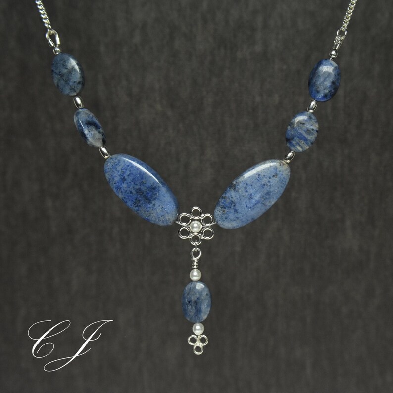 Dumortierite Beaded Necklace Blue Gemstone Necklace Flower Etsy