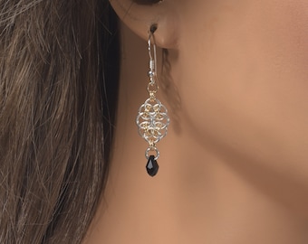 Mixed Metal Two Tone Chainmail Earrings, Elegant Handmade Silver and Gold Earrings with Black Crystal Pendant Drop