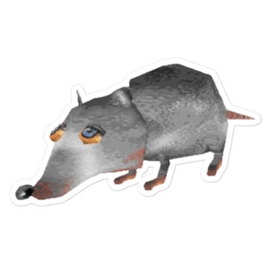 May include: A cartoon-style gray rat with large blue eyes and a long snout. The rat is standing on all fours and has a slightly sad expression.