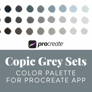 Könnte beinhalten: Eine Farbpalette mit 30 Grautönen für die Procreate-App, inspiriert von Copic-Markern. Die Palette ist in drei Reihen mit zehn Kreisen angeordnet, wobei die dunkelsten Grautöne oben und die hellsten Grautöne unten liegen. Das Procreate-Logo befindet sich in der linken unteren Ecke.