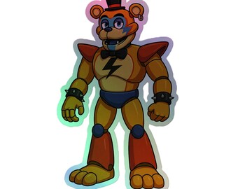 Pegatina holográfica de Freddy Glamrock: vinilo retro de FNAF de los 80