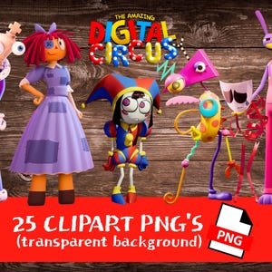 May include: A selection of cartoon characters from "The Amazing Digital Circus" against a wooden backdrop. The characters include a king, a doll, a jester, and other whimsical figures. The image also includes the text "25 CLIPART PNG'S (transparent background)".