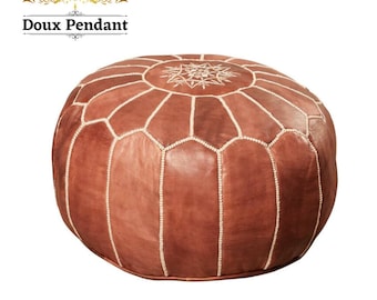 Marokkanischer Pouf Leder Handgefertigter Fußhocker, Natur, Hocker, groß, Ottoman, Bezug, rund, Pouffe, Kinderzimmer, Einsatz, Marokko Boho