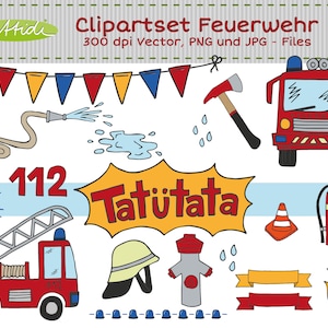 Puede incluir: Un conjunto de ilustraciones de clipart coloridas que representan un camión de bomberos, una boca de incendios, un extintor, un casco de bombero, una manguera de incendios y otros objetos relacionados con el fuego. El texto "Tatütata" aparece en un bocadillo de diálogo amarillo. El texto "112" aparece en una pancarta azul y blanca.