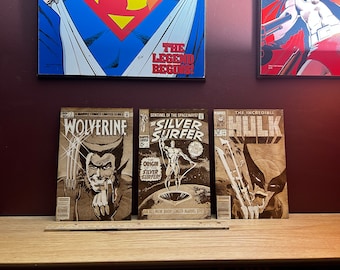 Laser Engraved Wooden Comic Book Covers: Silver Surfer, Hulk, Wolverine