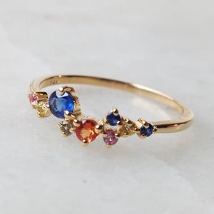 14K Gold Multi Sapphire Ring, Bridesmaids Alternative Engagement Ring, Multi Sapphire Solid 14K Yellow Gold Ring, Multi Sapphire Jewelry