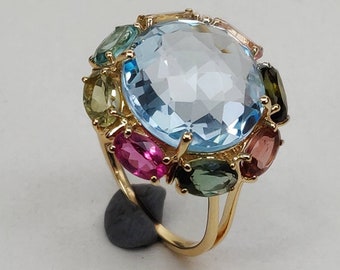 14K Yellow Solid Yellow Gold Ring, Natural Multi Tourmaline Sky Blue Topaz Ring, December Birthstone, Statement Ring, Blue Topaz Jewelry