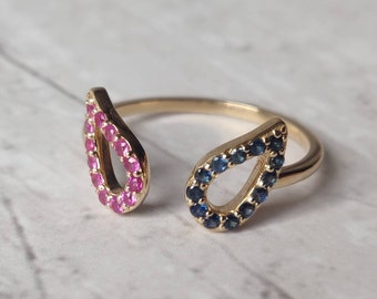 14K massief geelgouden ring met natuurlijke robijn en blauwe saffier, sierlijke open druppelvormige ring