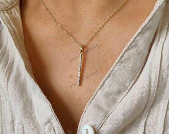 14K Solid Yellow Gold Natural Diamond Bar Pendant , Dainty Jewelry