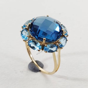 Natural London Blue Topaz & Swiss Blue Topaz Ring, 14K Solid Yellow Gold Ring, Blue Topaz Jewelry, December Birthstone, Anniversary Gift
