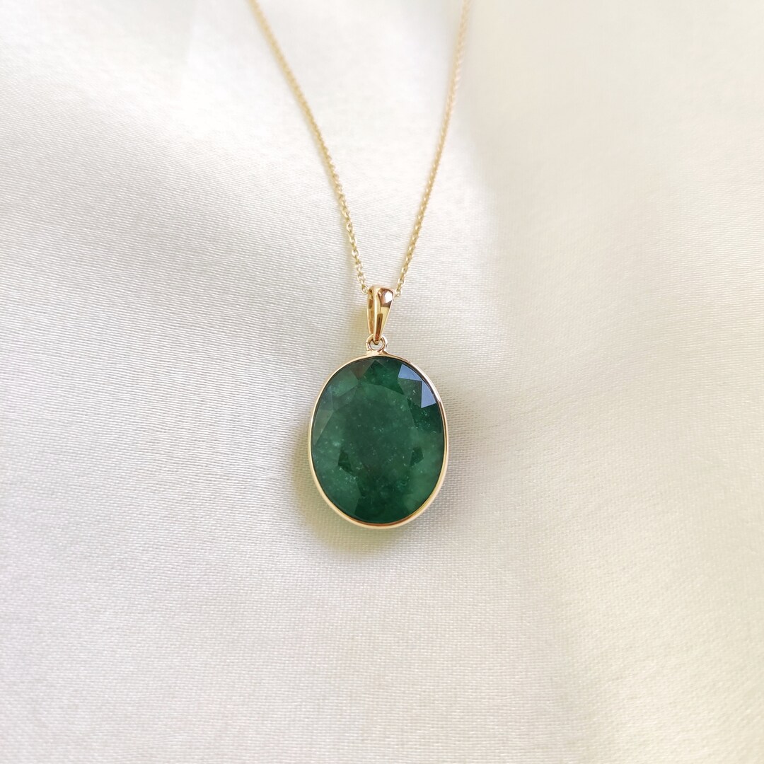 14K Gold Natural Emerald Pendant, 14K Solid Yellow Gold Emerald Pendant