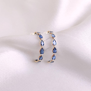 Natural Blue Sapphire Hoop Earrings, Solid Gold Bezel Earrings, Sapphire Hoop Earrings, September Birthstone, Wedding Gift, Sapphire Jewelry