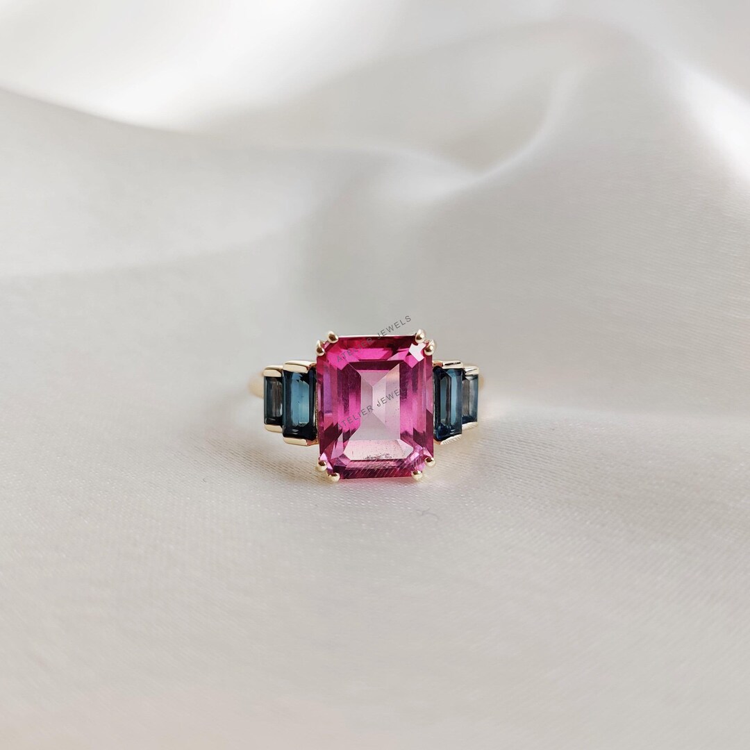 Natural Pink & London Blue Topaz Ring: 14K Solid Yellow Gold Statement ...