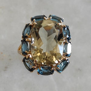 Natural Green Amethyst & London Blue Topaz Ring, 14K Solid Yellow Gold Ring, February December Birthstone Ring, Alternative Engagement Ring