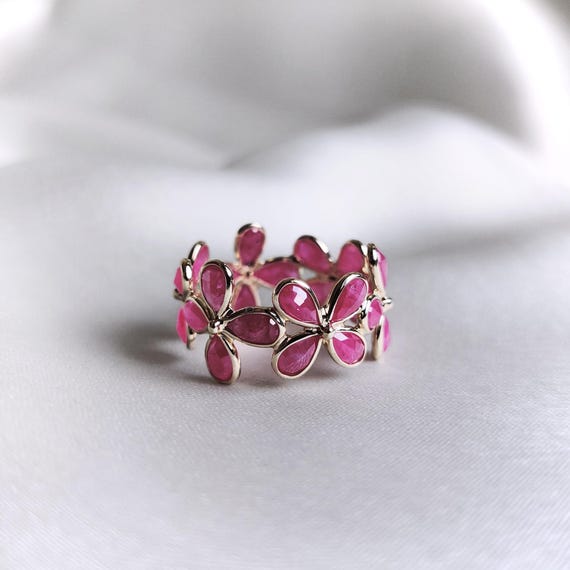 天然ルビーエタニティリング、14Kソリッドゴールドリング、天然ルビー