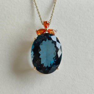 Natural London Blue Topaz Pendant, 14K Solid Yellow Gold Blue Topaz & Orange Sapphire Pendant, December Birthstone, Christmas Present