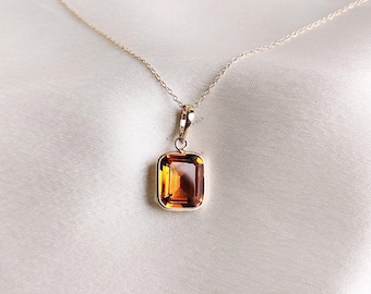 14K Solid Yellow Gold Natural Madeira Citrine Octagon Pendant, November Birthstone