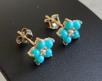 Natural Turquoise & Pearl Studs, 14K Solid Yellow Gold Stud Earrings, Sleeping Beauty Turquoise Studs, Flower Studs, Pearl Jewelry