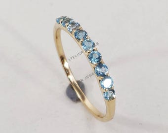 Natural Sky Blue Topaz Ring, 14K Solid Yellow Gold Half Eternity Band, December Birthstone