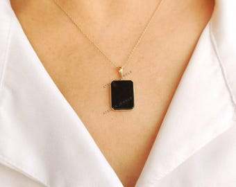 14K Solid Yellow Gold Natural Black Onyx bezel Pendant, December Birthstone