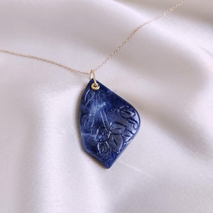 Natural Blue Sapphire Pendant, 14K Solid Yellow Gold Pendant, September Birthstone Pendant, Carving Blue Sapphire Pendant, Christmas Gift
