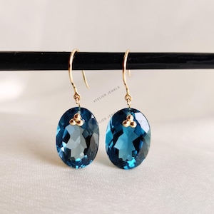 Natural London Blue Topaz Earrings, 14K Solid Gold Blue Topaz Earrings, Blue Topaz Oval Drop Earrings, December Birthstone, Anniversary Gift