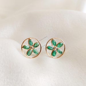 Natural Emerald Stud Earrings, Solid Gold Emerald Studs, Dainty Emerald Earrings, Flower Shape Emerald Studs, May Birthstone, Birthday Gift