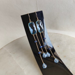 Joyas de topacio azul cielo en oro amarillo de 14 k, aretes de topacio azul cielo y zafiro azul en oro amarillo de 14 k, piedra natal de diciembre, aretes colgantes