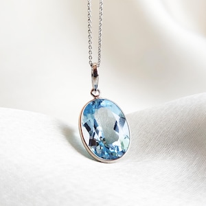 Natural Sky Blue Topaz Pendant, 14K Solid White Gold Topaz Pendant, December Birthstone Pendant, Oval Blue Topaz Pendant, Christmas Gift