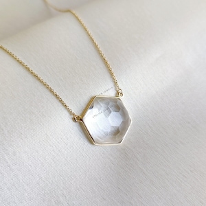 14K Gold Natural Clear Quartz Pendant, Hexagon April Birthstone