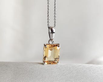 Natural Citrine Octagon Pendant, 14K Solid White Gold, November Birthstone