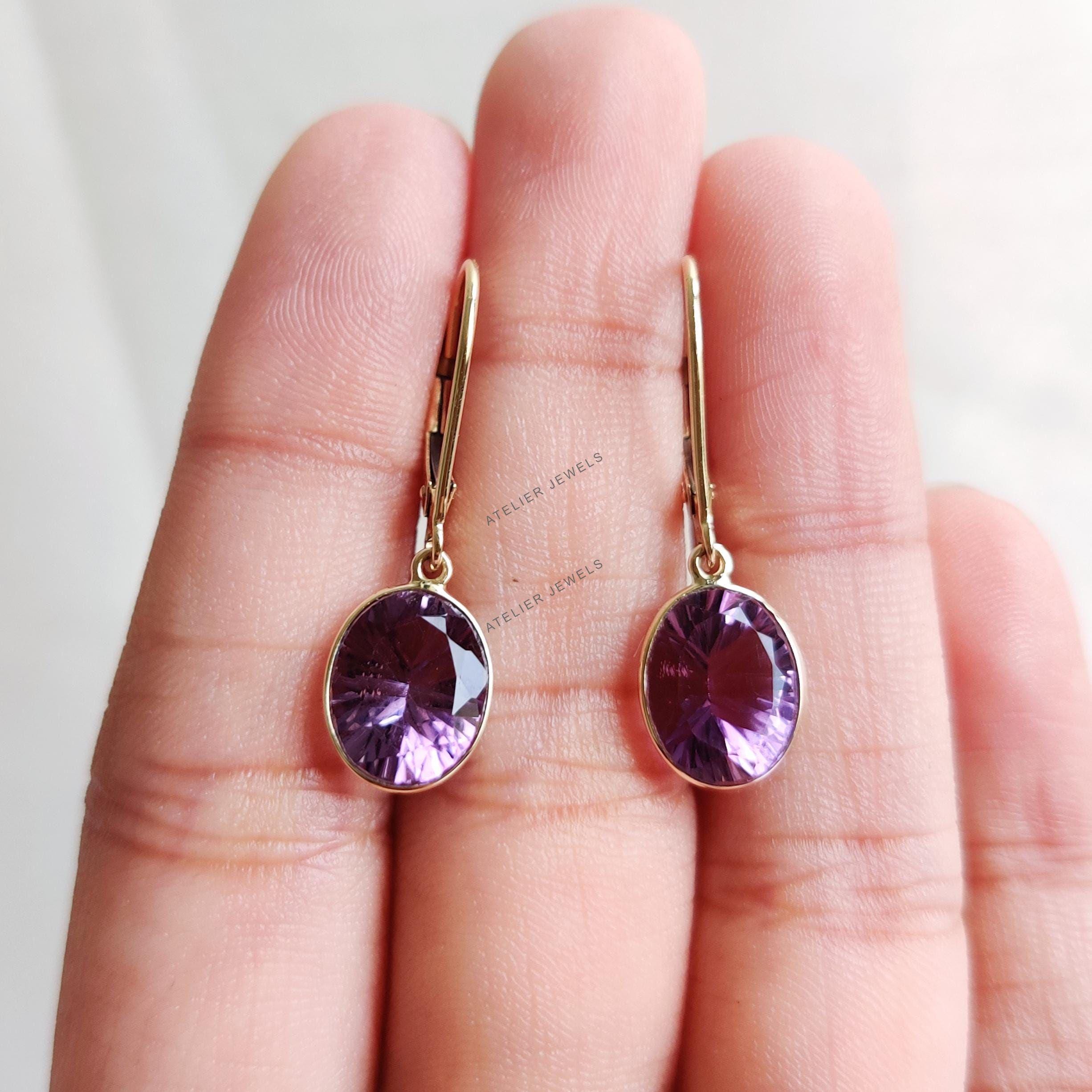 Boucle D'oreille En Or 14K Massif Avec Améthyste Violette - Forme Poire, 10,7g, Occasion