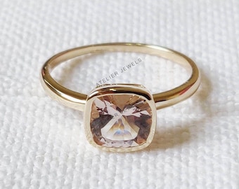 Natürlicher Morganit Ring, 14K Solid Rose Gold Solitaire im Kissenschliff