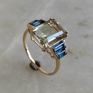 Natural Green Amethyst London Blue Topaz Ring, 14K Solid Yellow Gold Ring, February December Birthstone Ring, Christmas Gift, Statement Ring