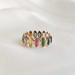 Natural Multi Tourmaline Ring, 14K Solid Yellow Gold Multi Tourmaline Ring, October Birthstone Ring, Marquise Cut Tourmaline Infinity Ring