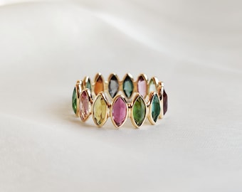 Natural Multi Tourmaline Eternity Ring, 14K Solid Yellow Gold October Birthstone