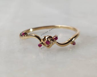 Dainty 14K Solid Yellow Gold Natural Ruby Ring, Floral July Birthstone