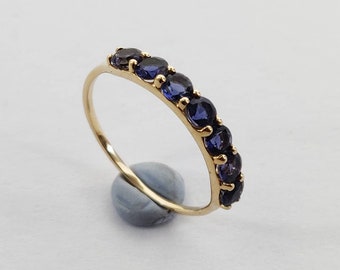 14K Gold Natural Iolite Half Eternity Ring, 14K Solid Yellow Gold Ring, Iolite Engagement Ring, September Birthstone, Eternity Band