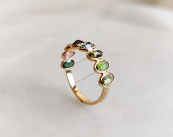 Natural Multi Tourmaline & Diamond Ring, 14K Solid Yellow Gold Gemstone Bezel Ring