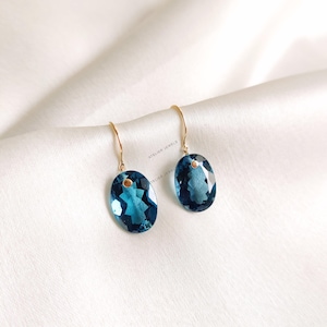 Natural London Blue Topaz Earrings, Solid Gold Blue Topaz Earrings, Blue Topaz Oval Drop Earrings, December Birthstone, Anniversary Present