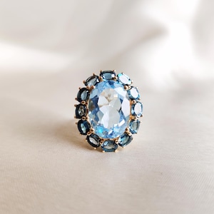 Natural Sky Blue & London Blue Topaz Ring, 14K Yellow Gold Blue Topaz Ring, December Birthstone Ring, Blue Topaz Jewelry, Cocktail Ring