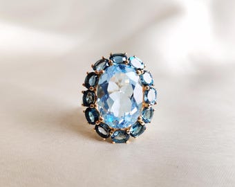 Natural Sky Blue & London Blue Topaz Ring, 14K Solid Yellow Gold, December Birthstone