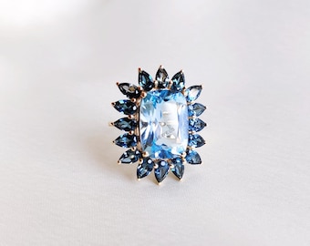 14K Solid Yellow Gold Natural Sky & London Blue Topaz Ring, December Birthstone