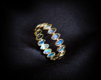 14K Solid Yellow Gold Natural Rainbow Moonstone Eternity Bezel Ring, June Birthstone