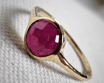 Natural Ruby Ring, 14K Solid Yellow Gold Ruby Ring, July Birthstone Ring, Bezel Ring, Round Ring, Christmas Present, Ruby Jewelry