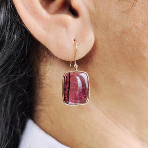 Boucles d&#39;oreilles tourmaline rose rubellite naturelle, boucles d&#39;oreilles tourmaline rose en or jaune massif 14 carats, boucles d&#39;oreilles avec pierre de naissance d&#39;octobre, cadeau de Noël