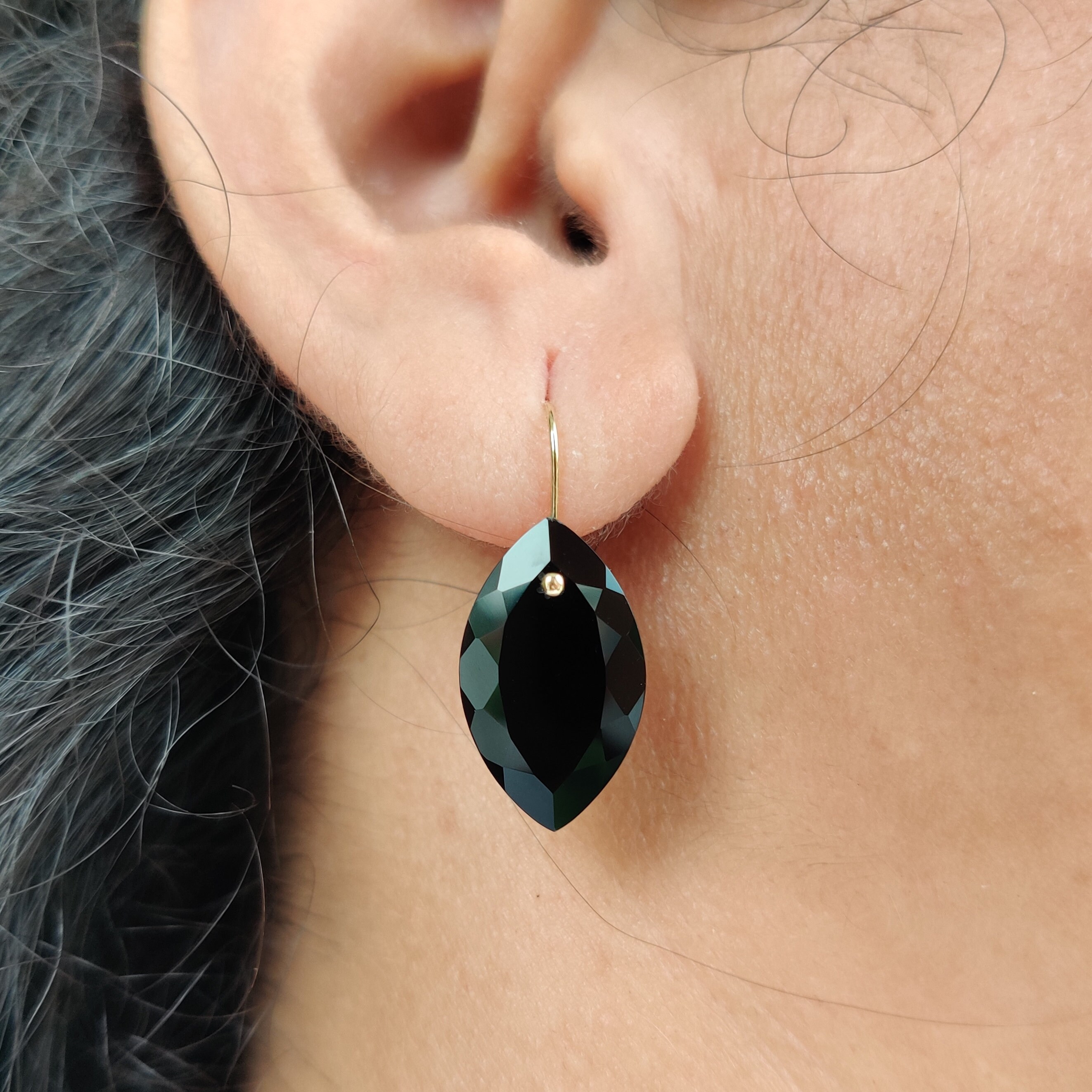 14K Solid Yellow Gold Natural Black Onyx Marquise Drill Earrings 